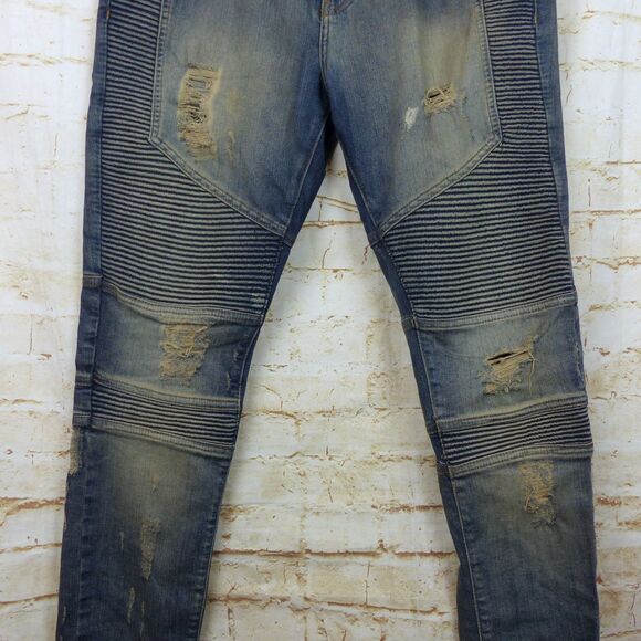 Represent Biker Jeans Mens 32 Blue Sand Stone Destroy Wash Moto Rib Skinny Rock - Picture 7 of 15